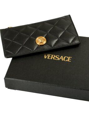 Versace Black Quilted 100% Leather Gold Medusa Head Card Case Wallet